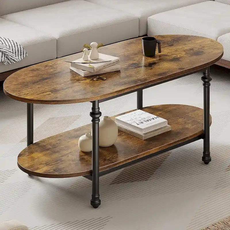 Tavolino da caffè ovale con ripiano portaoggetti a 2 livelli, 120 cm