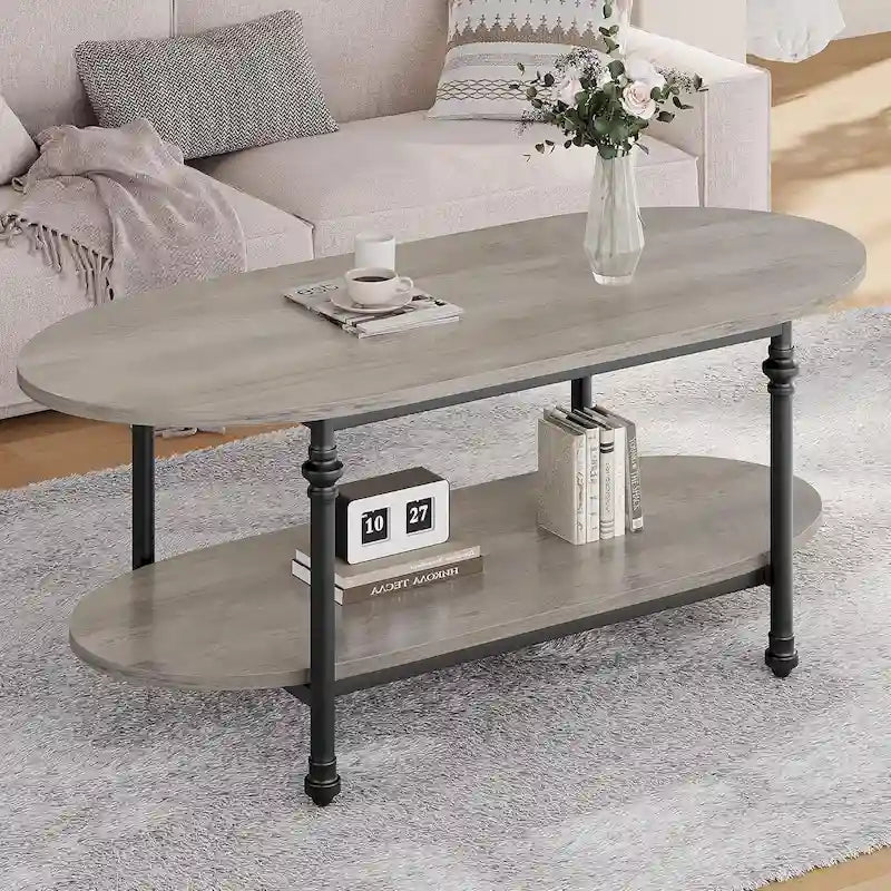 Tavolino da caffè ovale con ripiano portaoggetti a 2 livelli, 120 cm