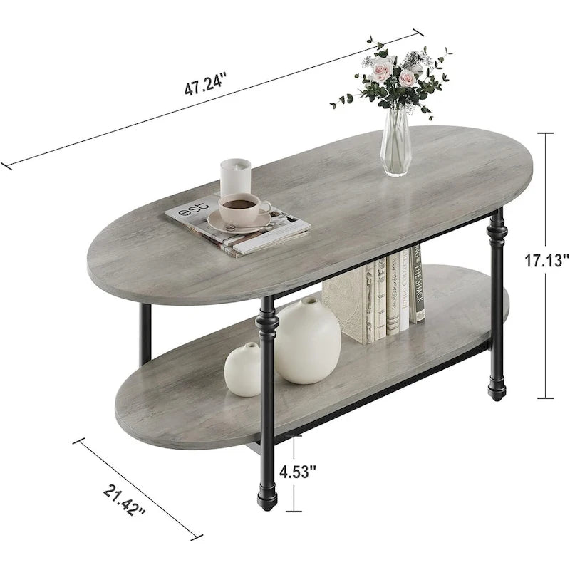 Tavolino da caffè ovale con ripiano portaoggetti a 2 livelli, 120 cm