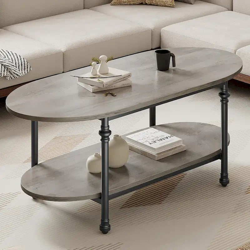 Tavolino da caffè ovale con ripiano portaoggetti a 2 livelli, 120 cm
