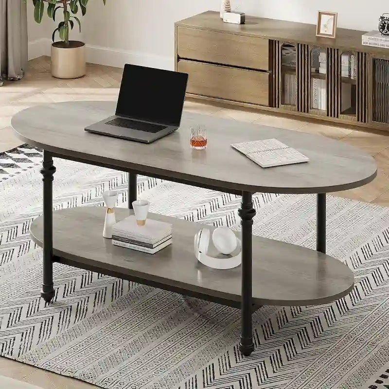 Tavolino da caffè ovale con ripiano portaoggetti a 2 livelli, 120 cm
