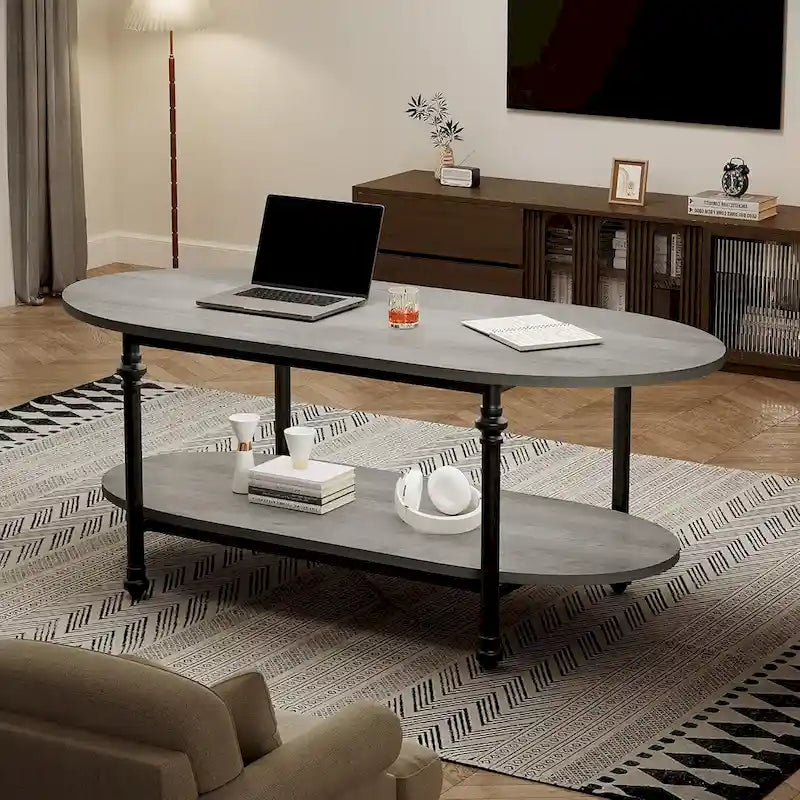 Tavolino da caffè ovale con ripiano portaoggetti a 2 livelli, 120 cm