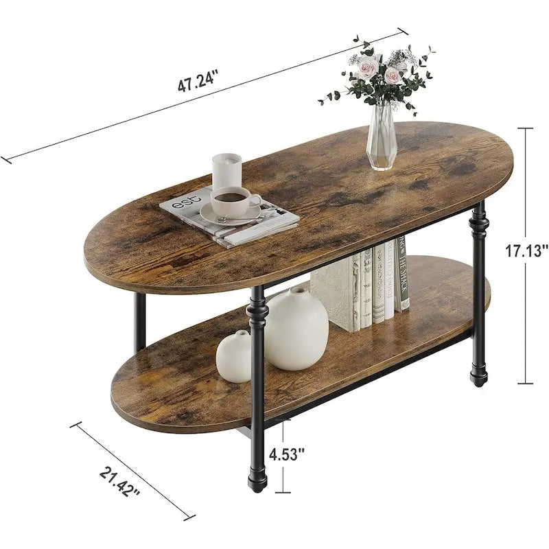 Tavolino da caffè ovale con ripiano portaoggetti a 2 livelli, 120 cm
