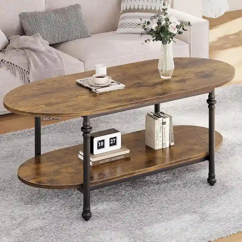 Tavolino da caffè ovale con ripiano portaoggetti a 2 livelli, 120 cm