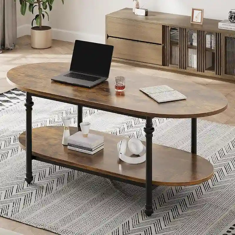 Tavolino da caffè ovale con ripiano portaoggetti a 2 livelli, 120 cm