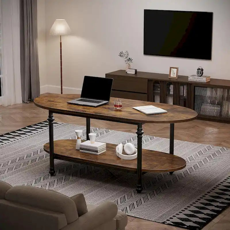 Tavolino da caffè ovale con ripiano portaoggetti a 2 livelli, 120 cm