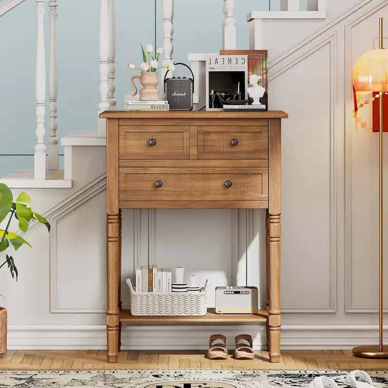 Narrow Console Table with Drawers and Bottom Shelf