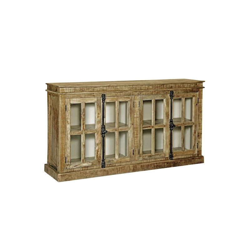 Credenza a 4 ante con ferramenta in ferro battuto e pannelli in vetro