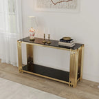 Modern Glass Console Table, 55 Gold Sofa Table with Sturdy Metal Frame and Black Tempered Glass Top, for Living Room Entryway B