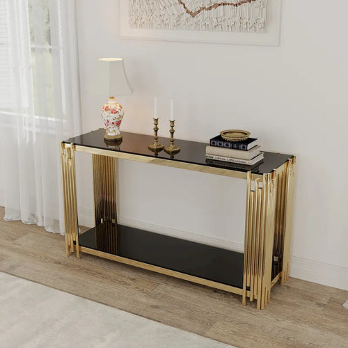 Modern Glass Console Table, 55 Gold Sofa Table with Sturdy Metal Frame and Black Tempered Glass Top, for Living Room Entryway B