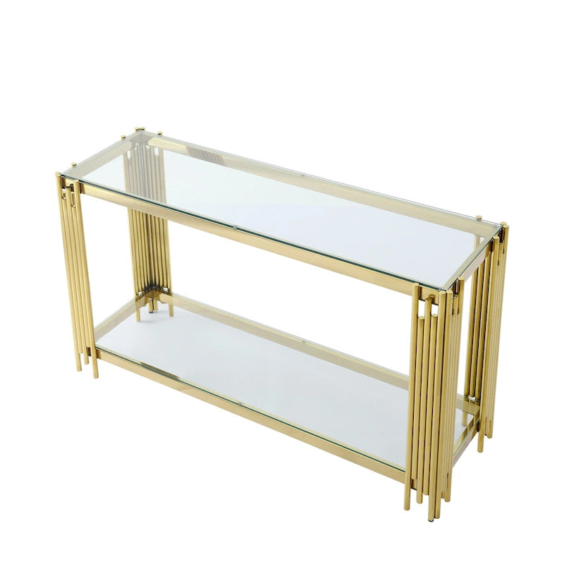 Consolle in vetro da 55 pollici con struttura in metallo e ripiano inferiore