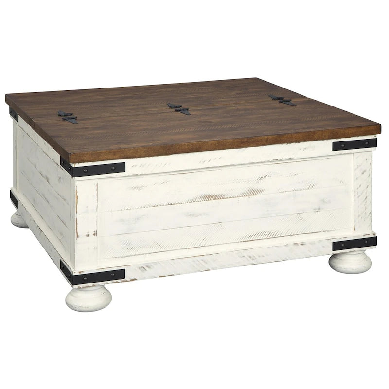 Farmhouse Two Tone Cocktail Table with Lift Top Storage, Brown and White
