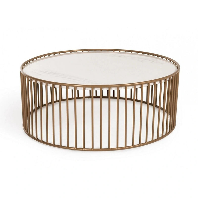 Round Slated Metal Coffee Table with Faux Marble Tray Top, Gold and White