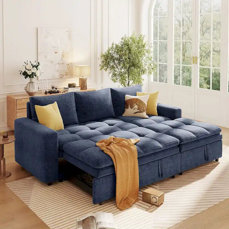Divano letto angolare a L blu con contenitore e letto estraibile