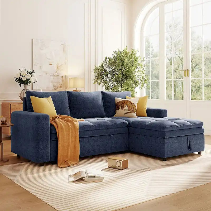 Divano letto angolare a L blu con contenitore e letto estraibile