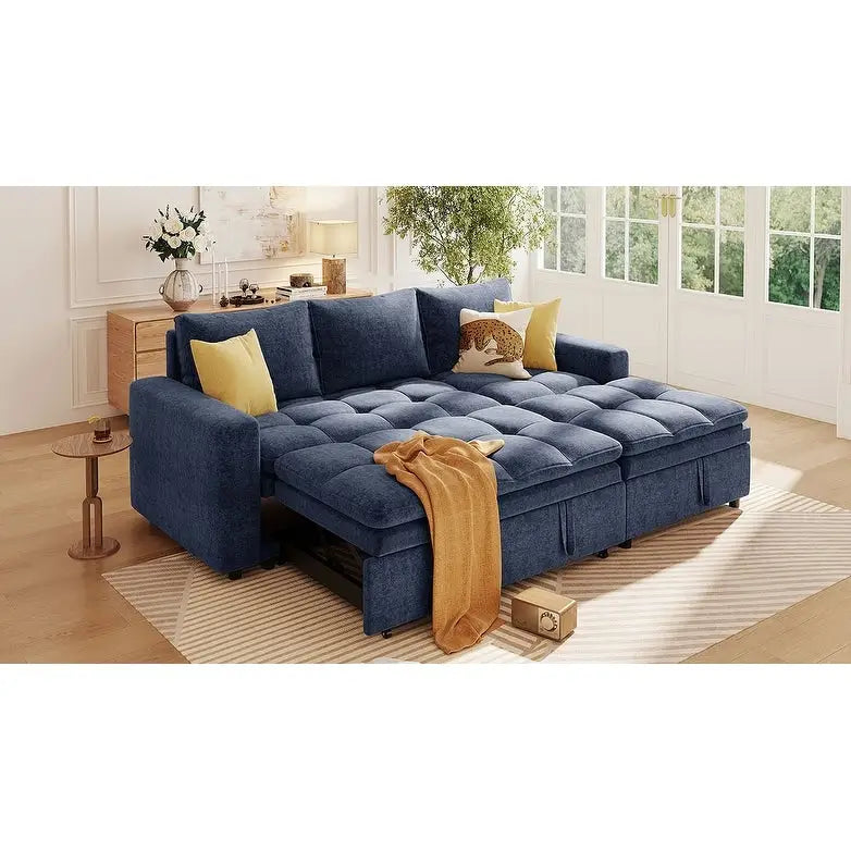 Divano letto angolare a L blu con contenitore e letto estraibile