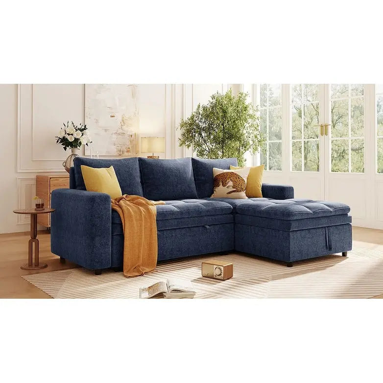 Divano letto angolare a L blu con contenitore e letto estraibile