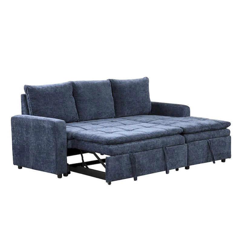 Divano letto angolare a L blu con contenitore e letto estraibile