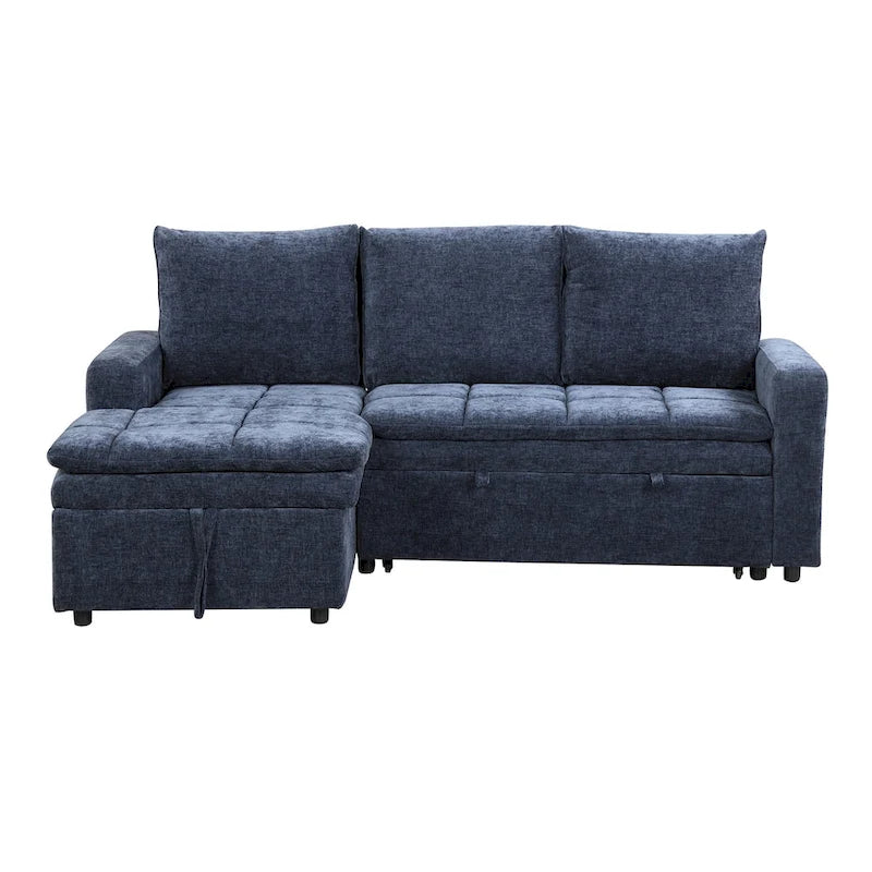 Divano letto angolare a L blu con contenitore e letto estraibile