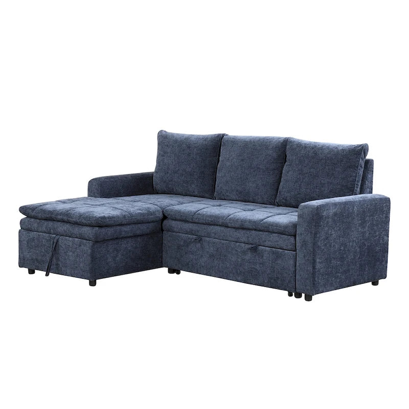 Divano letto angolare a L blu con contenitore e letto estraibile