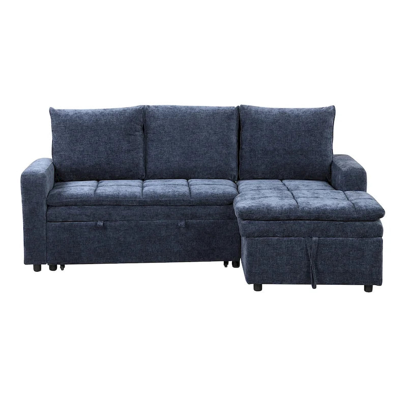 Divano letto angolare a L blu con contenitore e letto estraibile