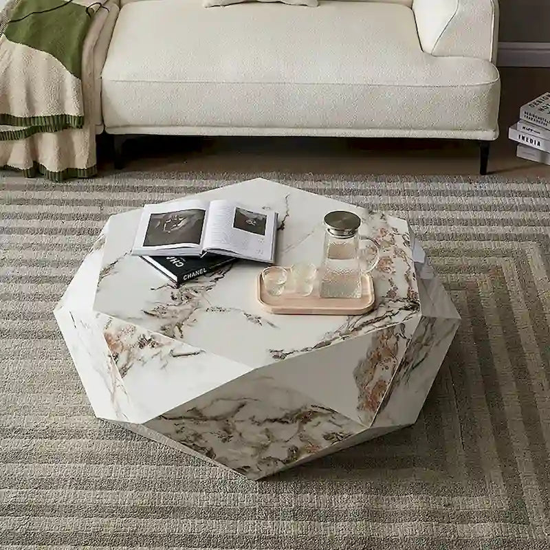 Tavolino da Caffè con piano in Finto Marmo Bianco - 110 cm