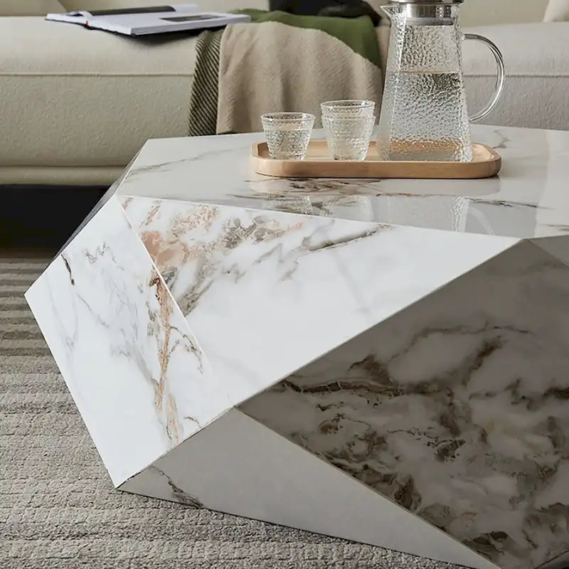 Tavolino da Caffè con piano in Finto Marmo Bianco - 110 cm