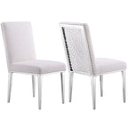 Sedie da pranzo bianche in tessuto bouclé con gambe in metallo argentato a specchio (set da 2)