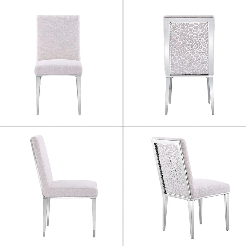 Sedie da pranzo bianche in tessuto bouclé con gambe in metallo argentato a specchio (set da 2)