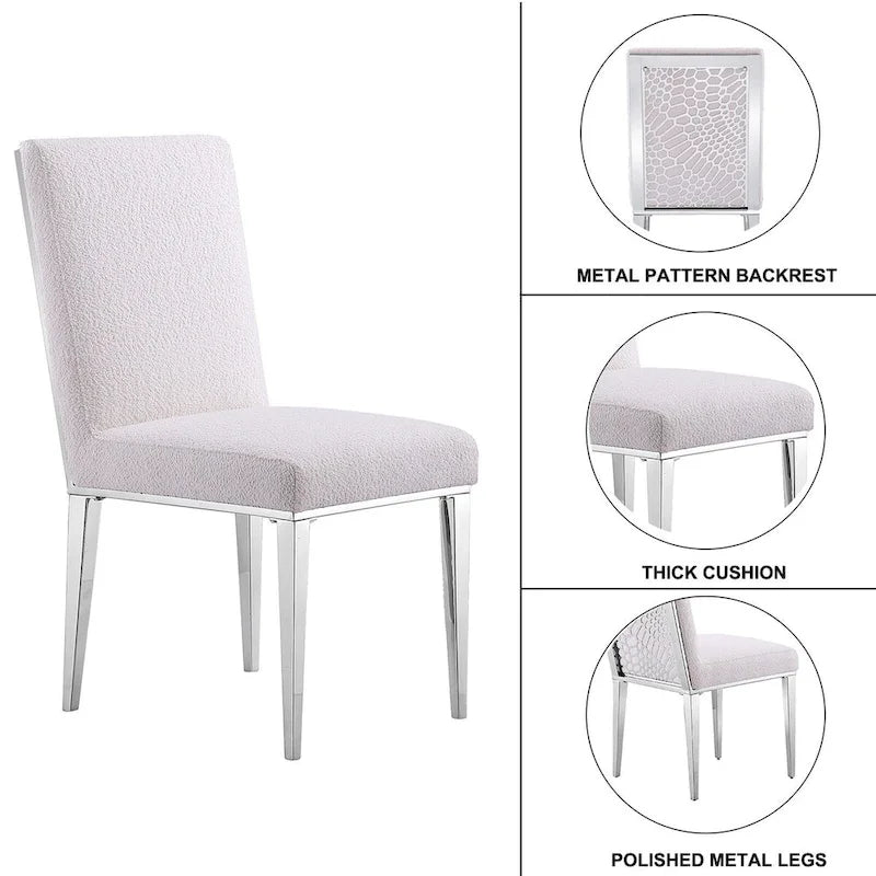 Sedie da pranzo bianche in tessuto bouclé con gambe in metallo argentato a specchio (set da 2)