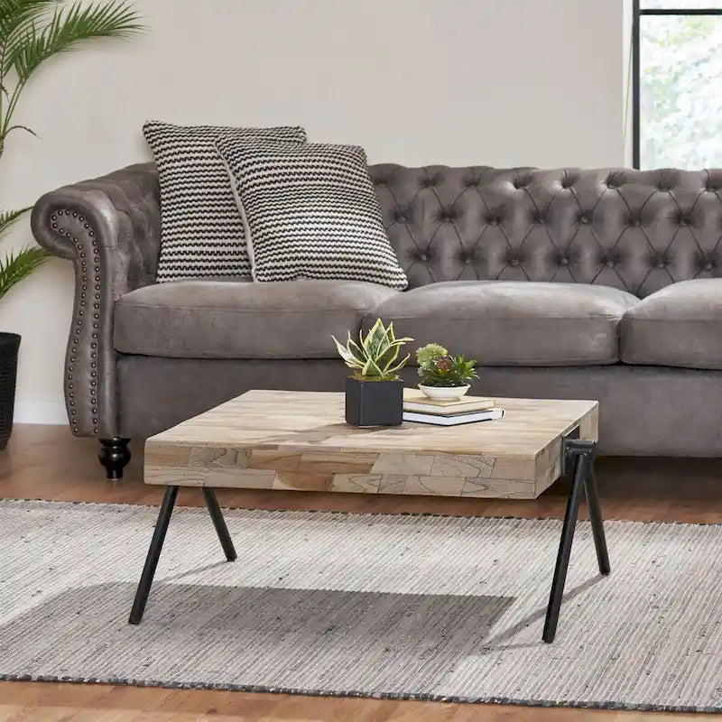 Mango Wood Coffee Table, Modern Industrial Design, With Wooden Tabletop And Metal Legs