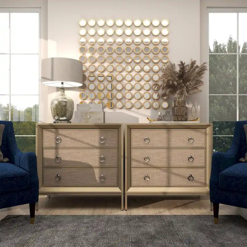 Comò a 3 cassetti con specchio e maniglie ad anello - Beige