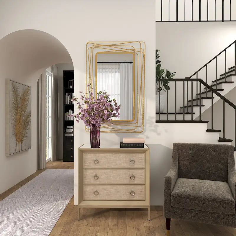 Comò a 3 cassetti con specchio e maniglie ad anello - Beige