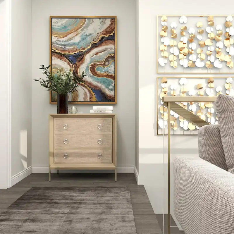 Comò a 3 cassetti con specchio e maniglie ad anello - Beige