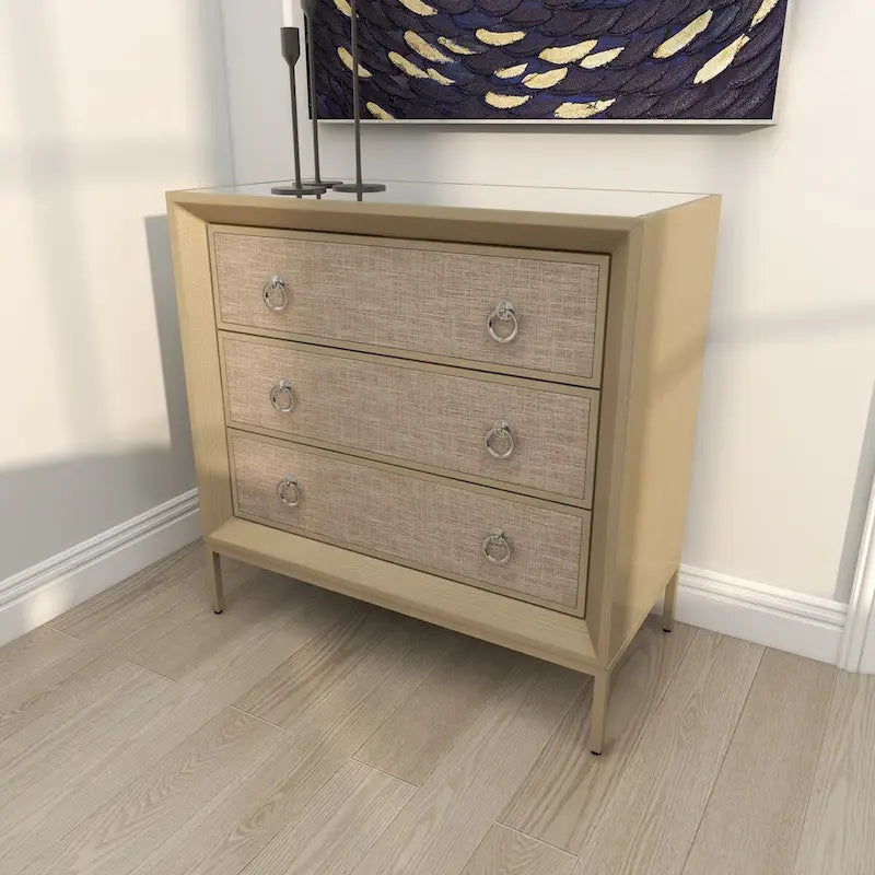 Comò a 3 cassetti con specchio e maniglie ad anello - Beige