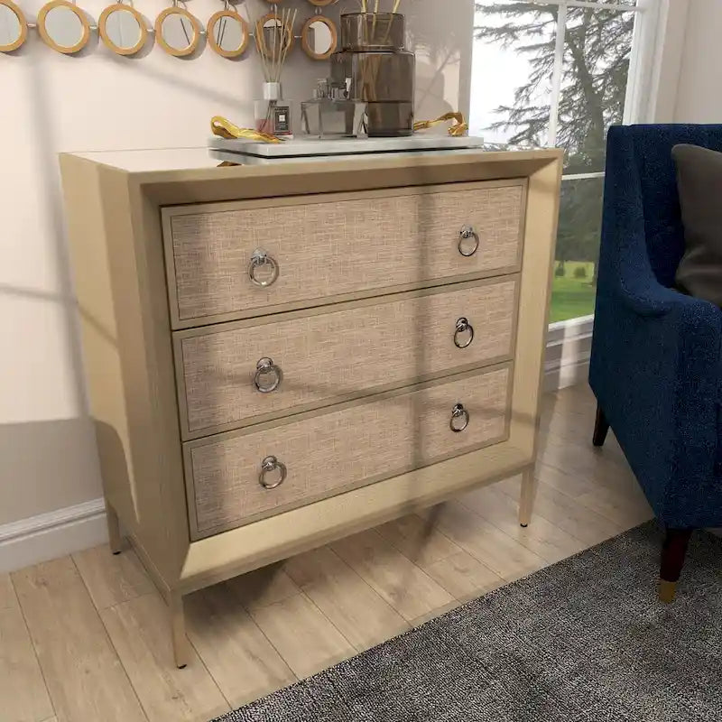 Comò a 3 cassetti con specchio e maniglie ad anello - Beige