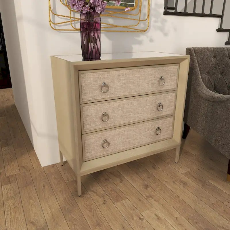 Comò a 3 cassetti con specchio e maniglie ad anello - Beige