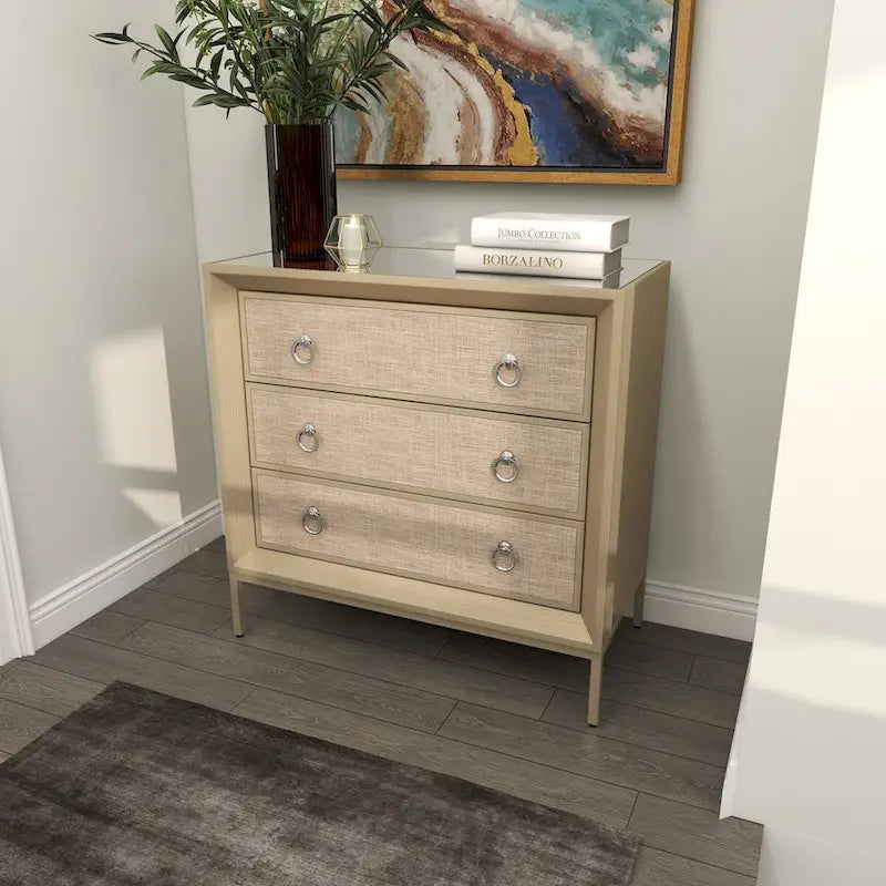 Comò a 3 cassetti con specchio e maniglie ad anello - Beige