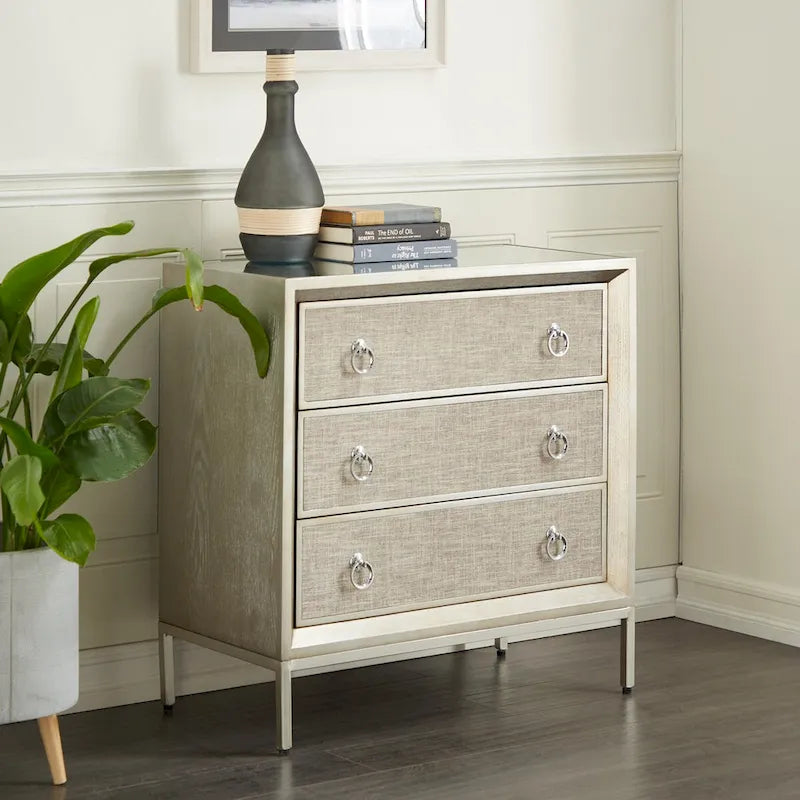 Comò a 3 cassetti con specchio e maniglie ad anello - Beige