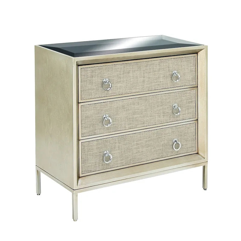 Comò a 3 cassetti con specchio e maniglie ad anello - Beige