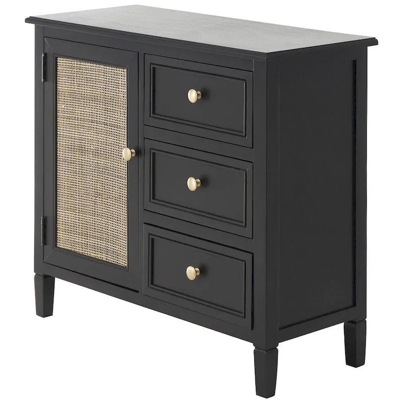 Mobiletto contenitore in legno fatto a mano con 3 cassetti e 1 anta con fronte in rattan - Nero
