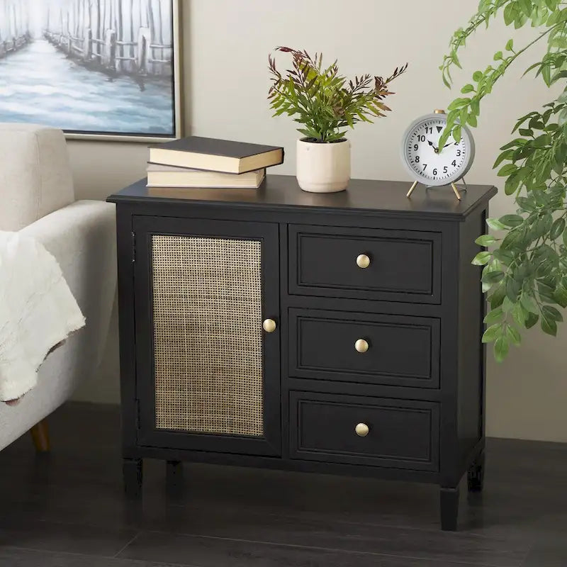 Mobiletto contenitore in legno fatto a mano con 3 cassetti e 1 anta con fronte in rattan - Nero