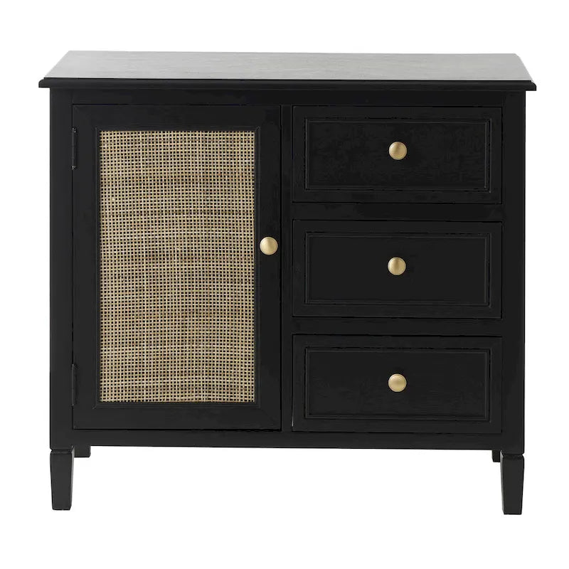 Mobiletto contenitore in legno fatto a mano con 3 cassetti e 1 anta con fronte in rattan - Nero