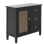 Mobiletto contenitore in legno fatto a mano con 3 cassetti e 1 anta con fronte in rattan - Nero