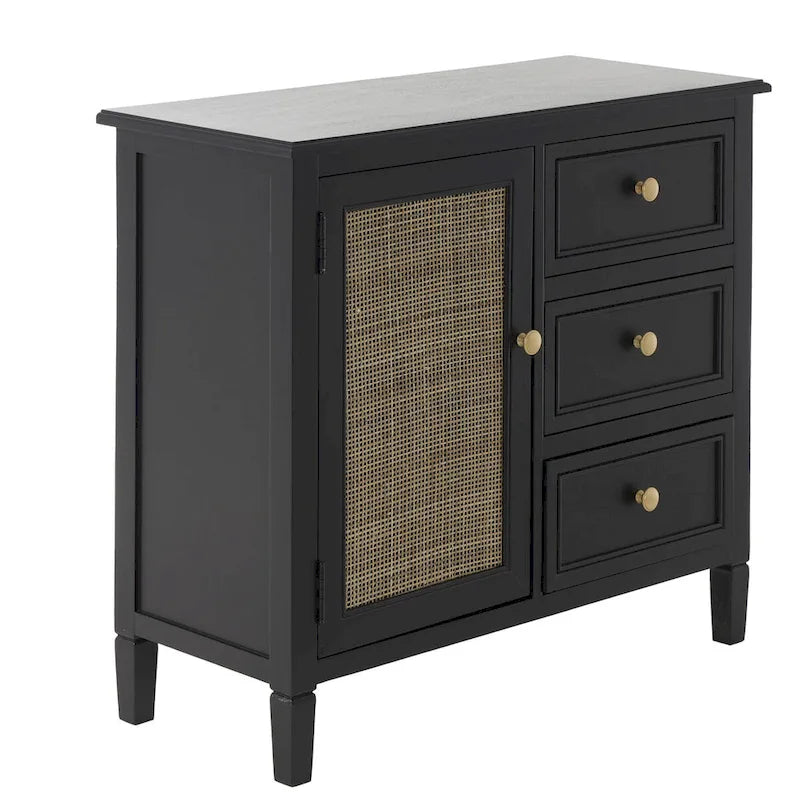 Mobiletto contenitore in legno fatto a mano con 3 cassetti e 1 anta con fronte in rattan - Nero