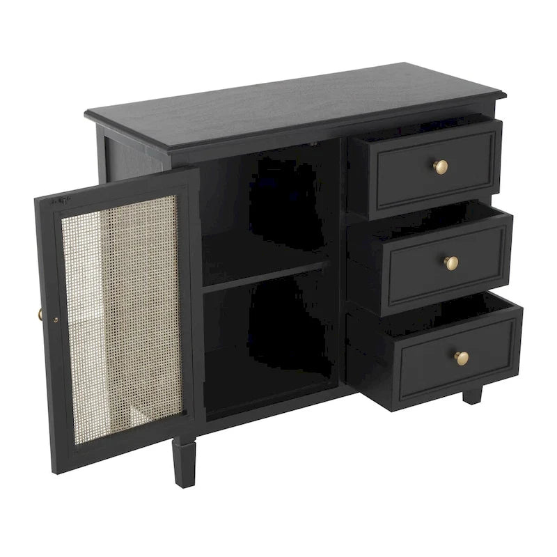 Mobiletto contenitore in legno fatto a mano con 3 cassetti e 1 anta con fronte in rattan - Nero