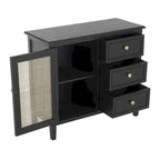 Mobiletto contenitore in legno fatto a mano con 3 cassetti e 1 anta con fronte in rattan - Nero