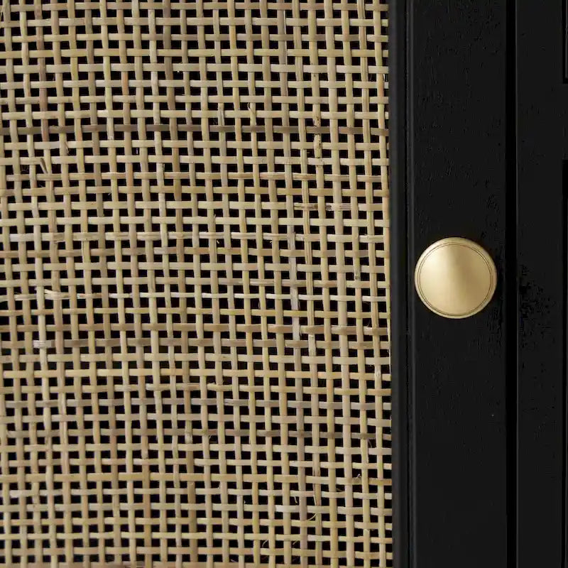 Mobiletto contenitore in legno fatto a mano con 3 cassetti e 1 anta con fronte in rattan - Nero