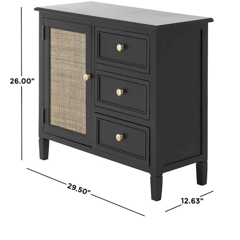 Mobiletto contenitore in legno fatto a mano con 3 cassetti e 1 anta con fronte in rattan - Nero