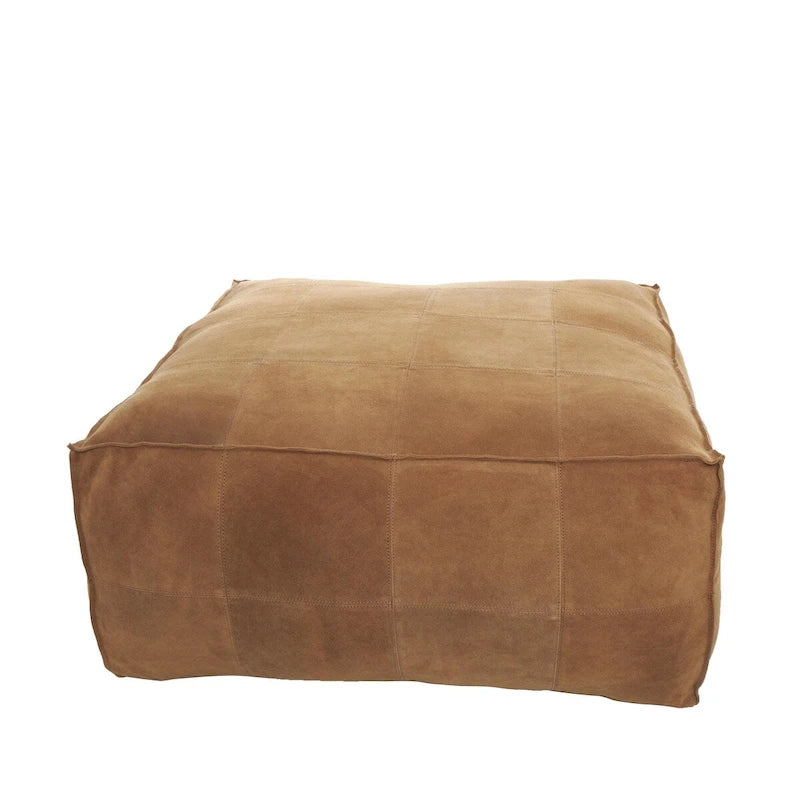 Pouf quadrato in pelle a profilo basso con design patchwork